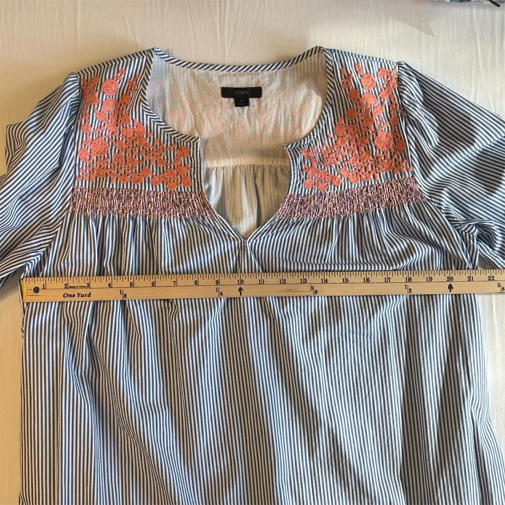 J CREW Preppy Blue Striped‎ Ruffle Dress Pink Embroidered Smocked Yolk Sz Medium